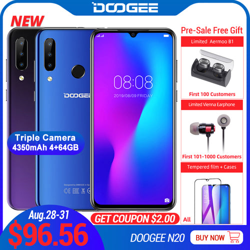 DOOGEE N20 Mobilephone Fingerprint 6.3inch FHD+ Display 16MP Triple Back Camera 64GB 4GB MT6763 Octa Core 4350mAh Cellphone LTE