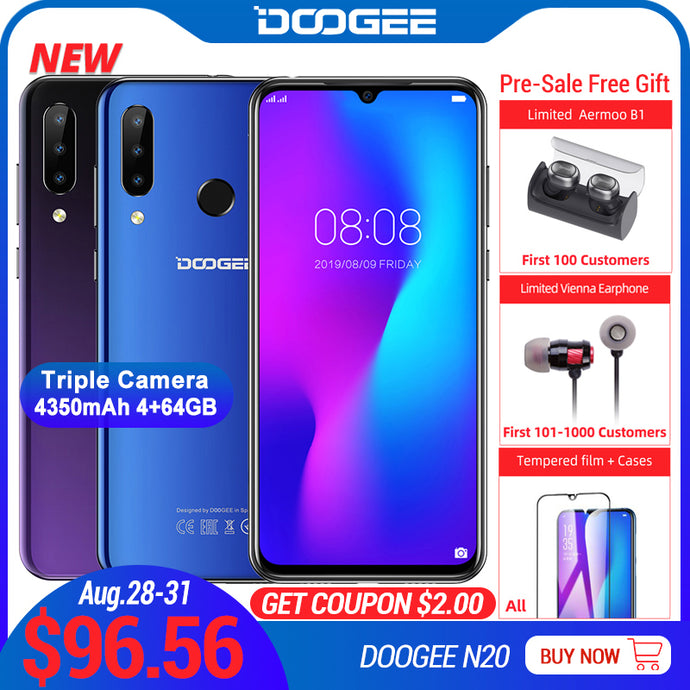 DOOGEE N20 Mobilephone Fingerprint 6.3inch FHD+ Display 16MP Triple Back Camera 64GB 4GB MT6763 Octa Core 4350mAh Cellphone LTE